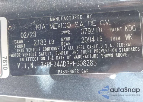 2023 Kia Forte Lxs z USA, uszkodzony, nr VIN 3KPF24AD3PE608285